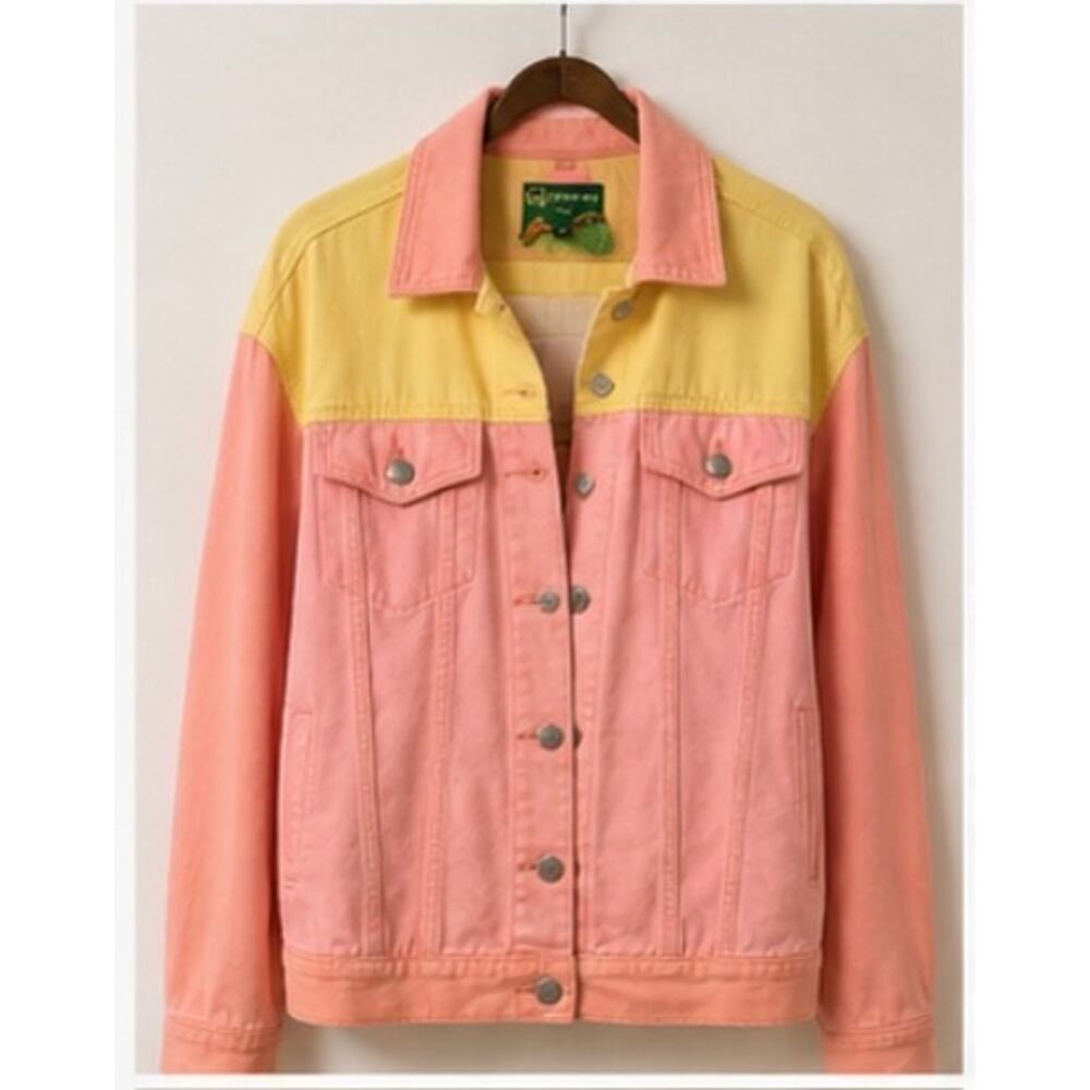 Farm Rio Colorblock Denim Jacket Pink Yellow Oversized Trucker Jacket Size M